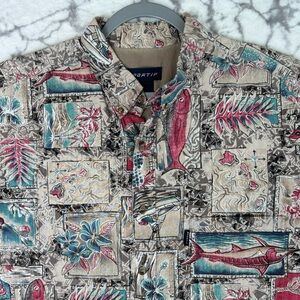 SPORTIF Shirt Vintage Men's XL Tan Floral Pink Blue Fishes Nautical Seaside
